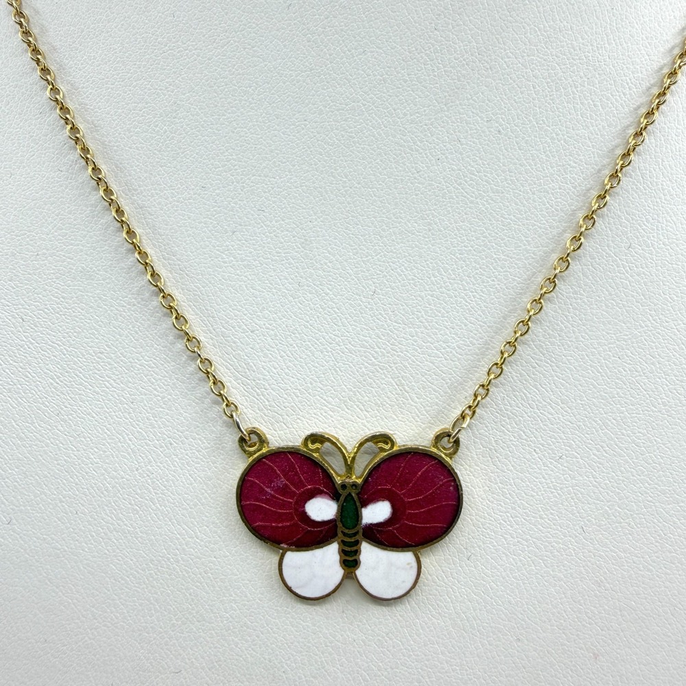 Beautiful Enamel Butterfly Necklace Gold Tone Chain Whimsical Nature Charm Gift